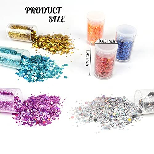 Assorted colorful glitter powders in small containers and scattered on a surface.